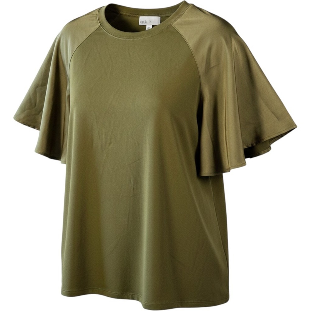 Nordstrom Rack Blouse Top Womens 1X Green Stretch Flutter Sleeve Crew Neck